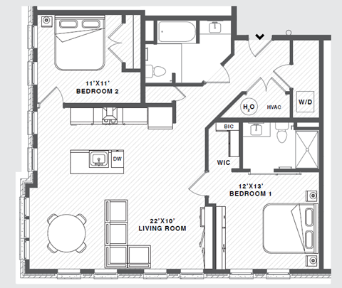 Floor plan for 2 beds, 2 baths, 1140 sqft